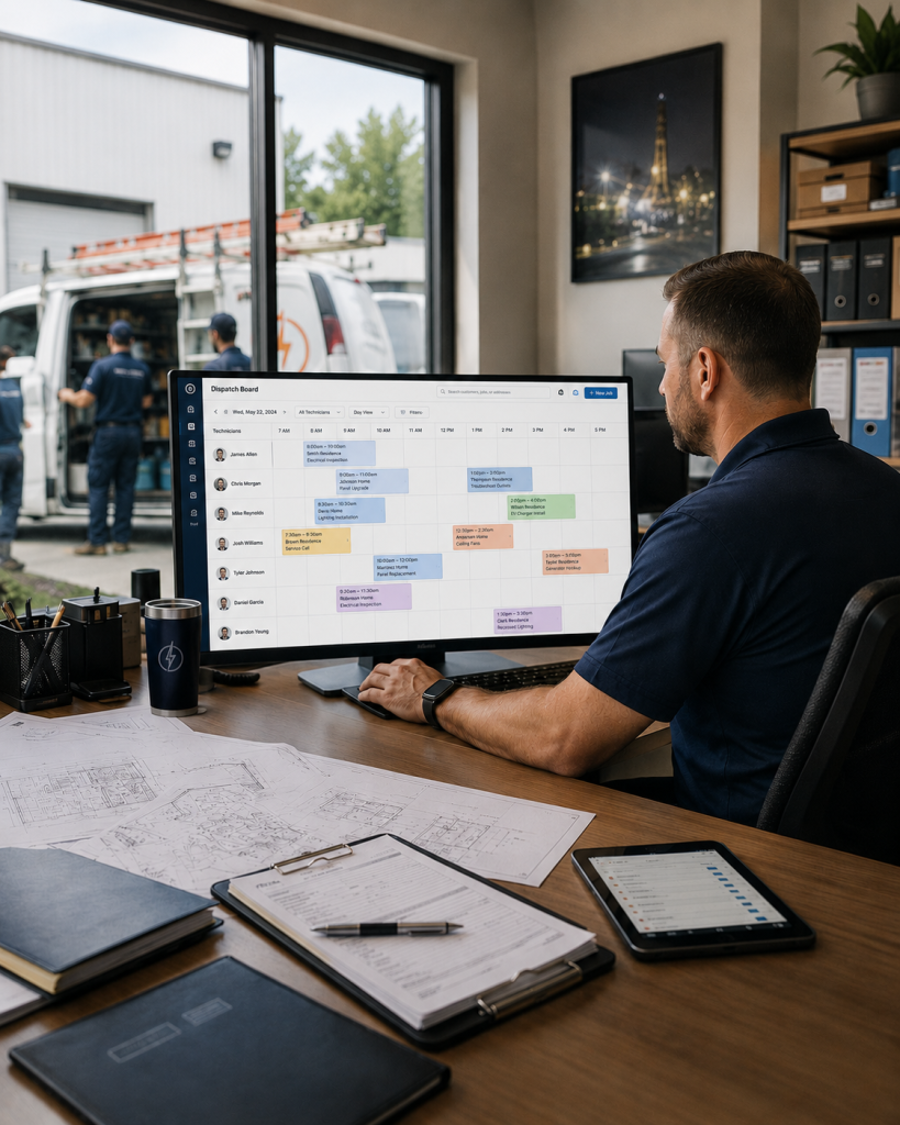 Electrical contractor reviewing a full dispatch schedule on his office computer